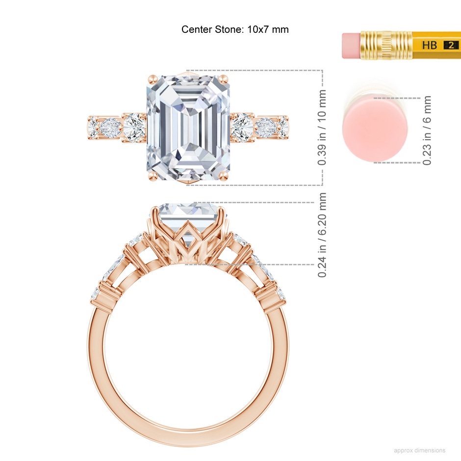 10x7mm FGVS Lab-Grown Classic Emerald-Cut Diamond Side Stone Engagement Ring in 18K Rose Gold ruler