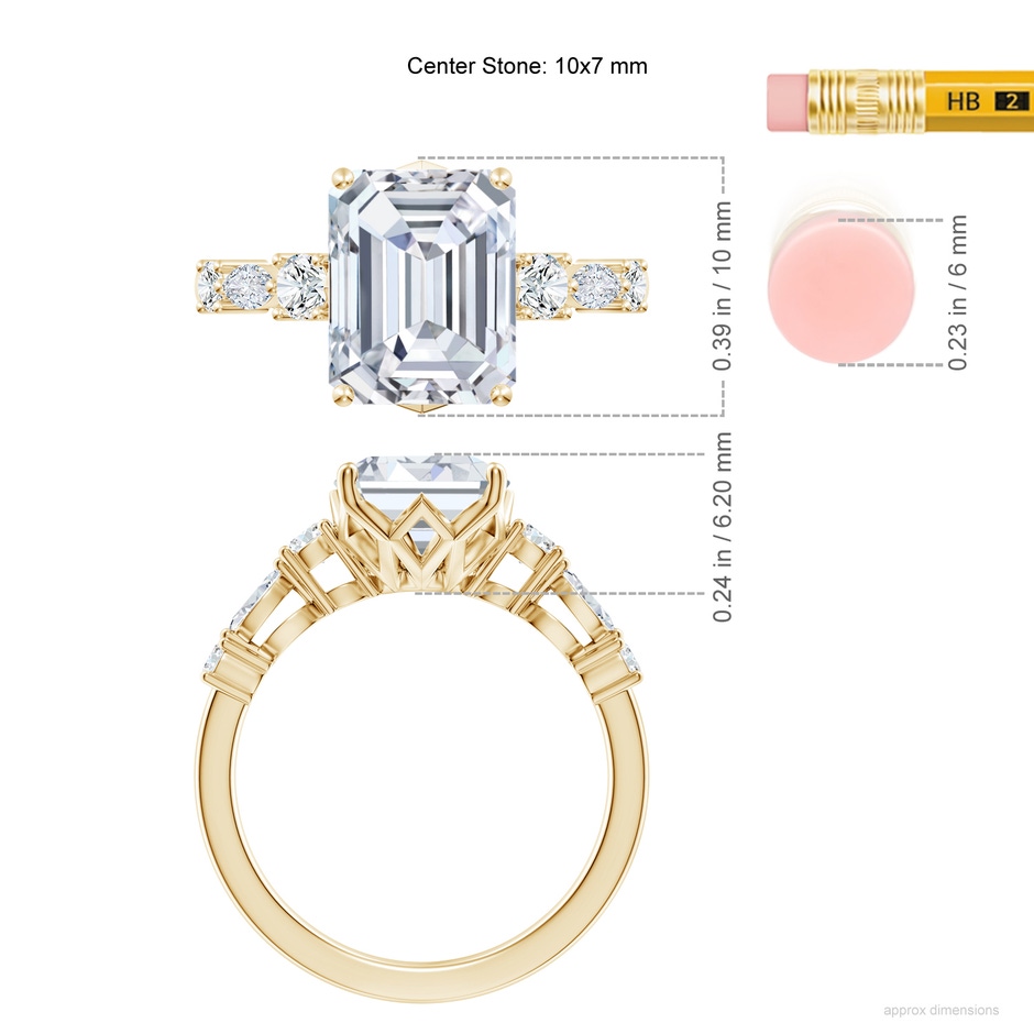 10x7mm FGVS Lab-Grown Classic Emerald-Cut Diamond Side Stone Engagement Ring in 18K Yellow Gold ruler