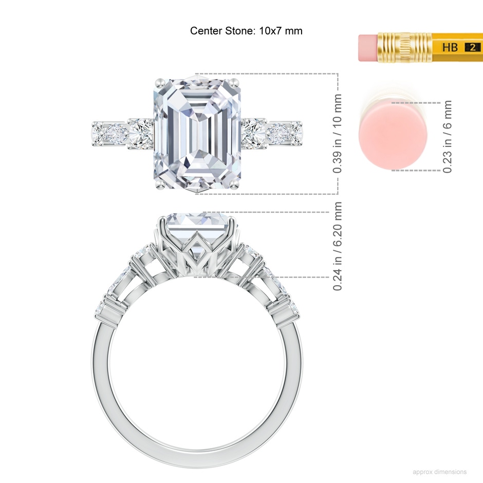 10x7mm FGVS Lab-Grown Classic Emerald-Cut Diamond Side Stone Engagement Ring in White Gold ruler