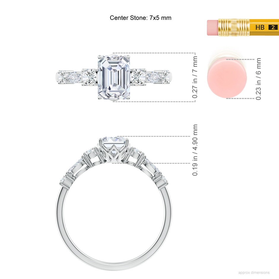 7x5mm FGVS Lab-Grown Classic Emerald-Cut Diamond Side Stone Engagement Ring in White Gold ruler