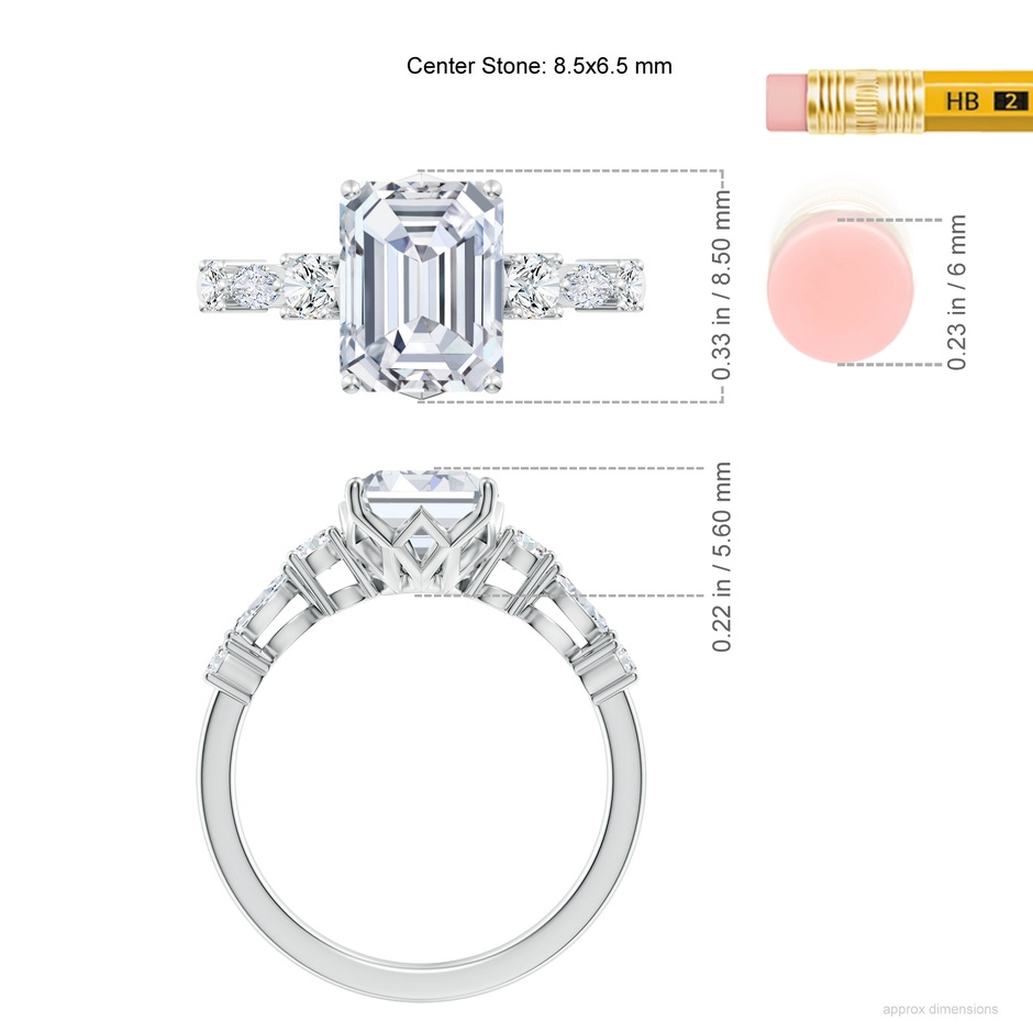 8.5x6.5mm FGVS Lab-Grown Classic Emerald-Cut Diamond Side Stone Engagement Ring in White Gold ruler