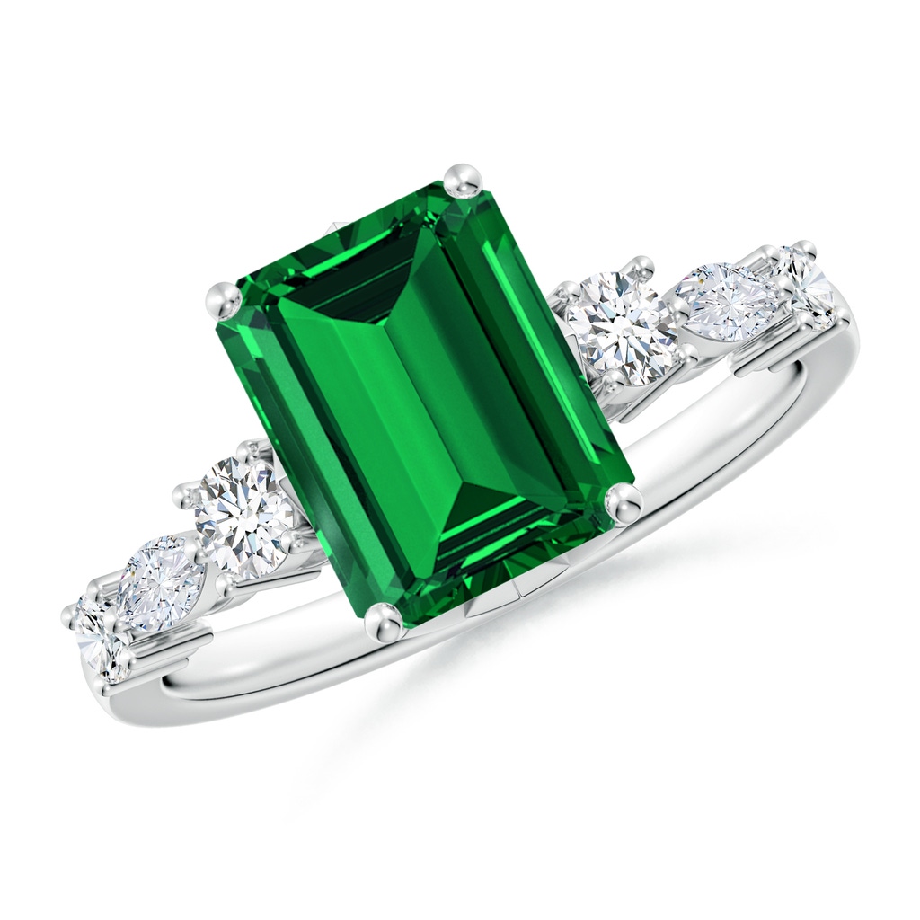 9x7mm Labgrown Lab-Grown Classic Emerald-Cut Emerald Side Stone Engagement Ring in White Gold