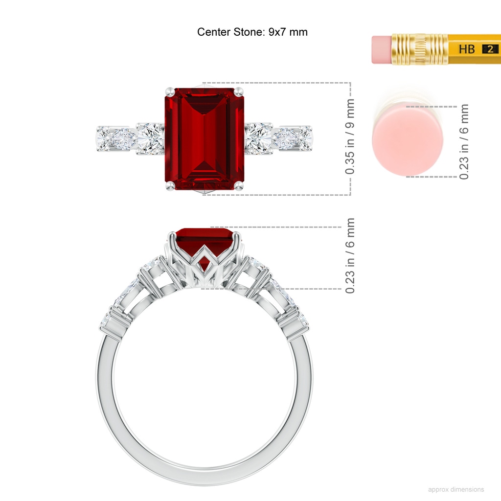 9x7mm Labgrown Lab-Grown Classic Emerald-Cut Ruby Side Stone Engagement Ring in White Gold ruler
