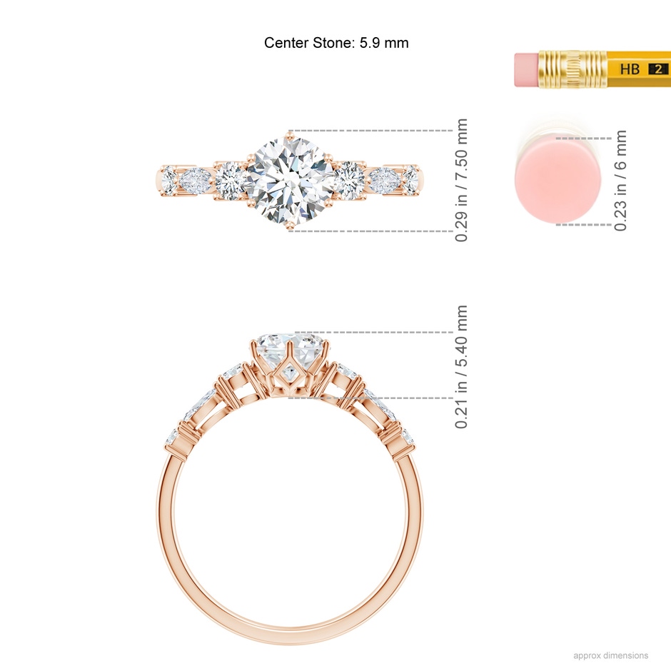 5.9mm FGVS Lab-Grown Classic Round Diamond Side Stone Engagement Ring in Rose Gold ruler