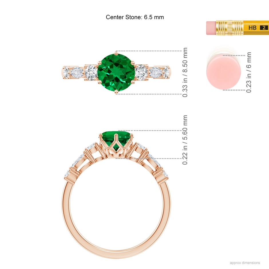 6.5mm Labgrown Lab-Grown Classic Round Emerald Side Stone Engagement Ring in Rose Gold ruler