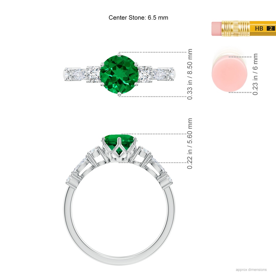 6.5mm Labgrown Lab-Grown Classic Round Emerald Side Stone Engagement Ring in White Gold ruler