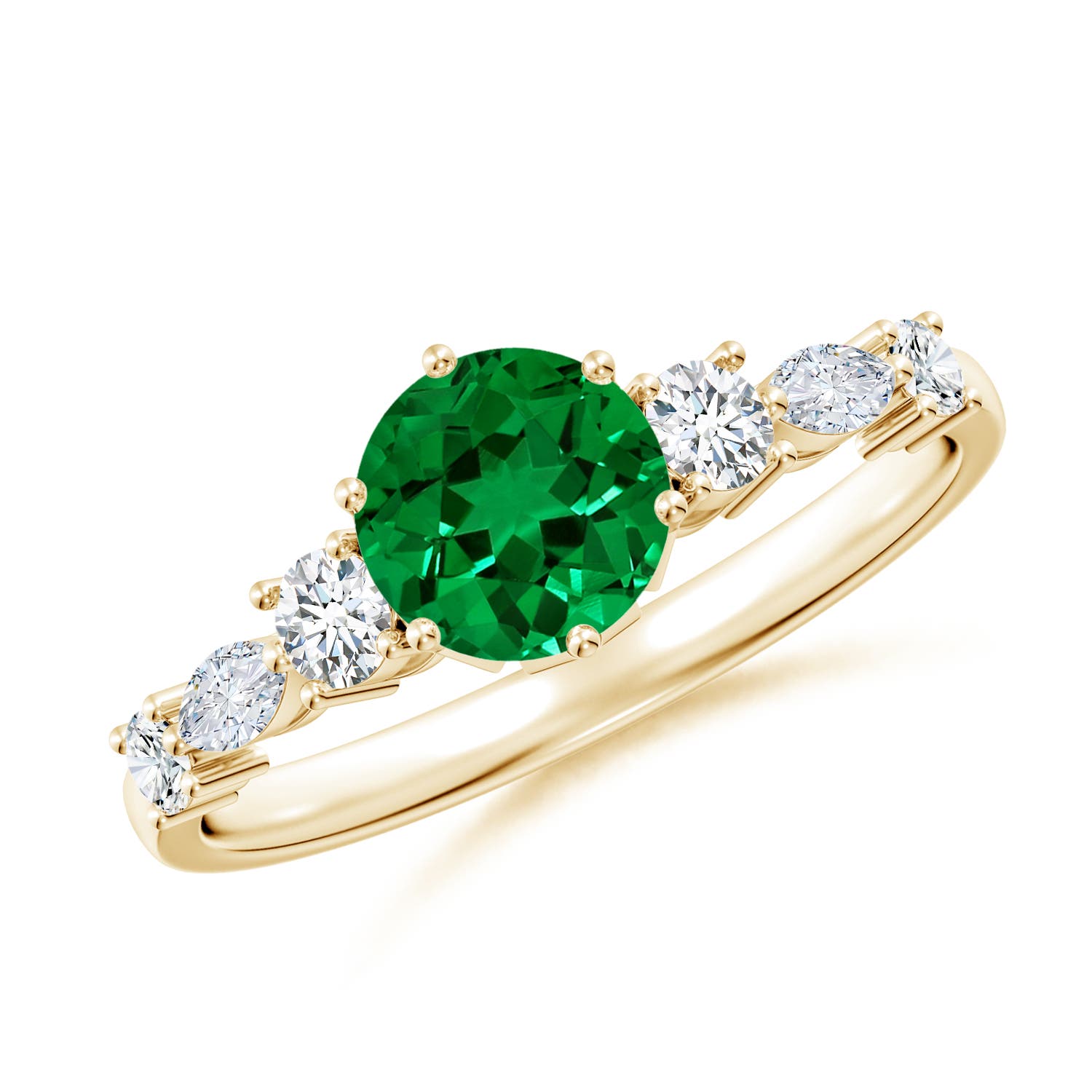 6mm Labgrown Lab-Grown Classic Round Emerald Side Stone Engagement Ring in Yellow Gold