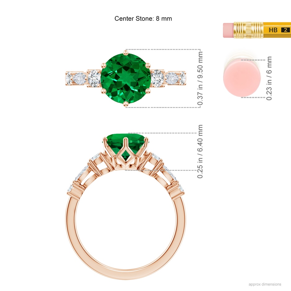 8mm Labgrown Lab-Grown Classic Round Emerald Side Stone Engagement Ring in 18K Rose Gold ruler