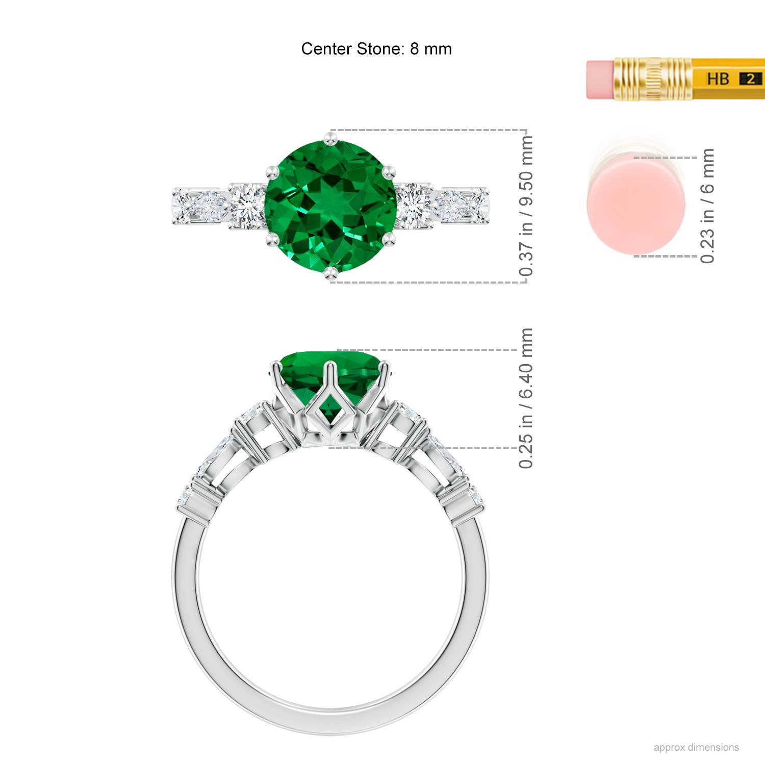 8mm Labgrown Lab-Grown Classic Round Emerald Side Stone Engagement Ring in White Gold - ruler