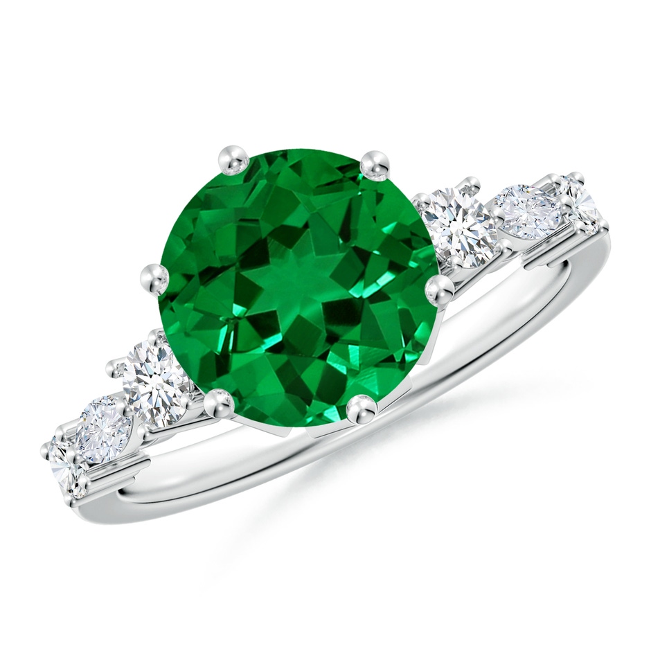 9mm Labgrown Lab-Grown Classic Round Emerald Side Stone Engagement Ring in 18K White Gold 