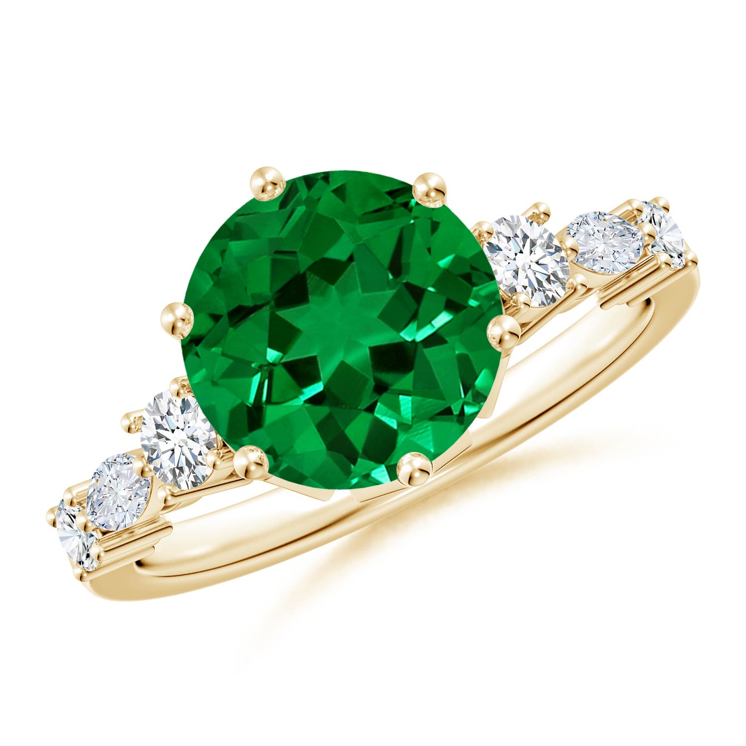 9mm Labgrown Lab-Grown Classic Round Emerald Side Stone Engagement Ring in Yellow Gold