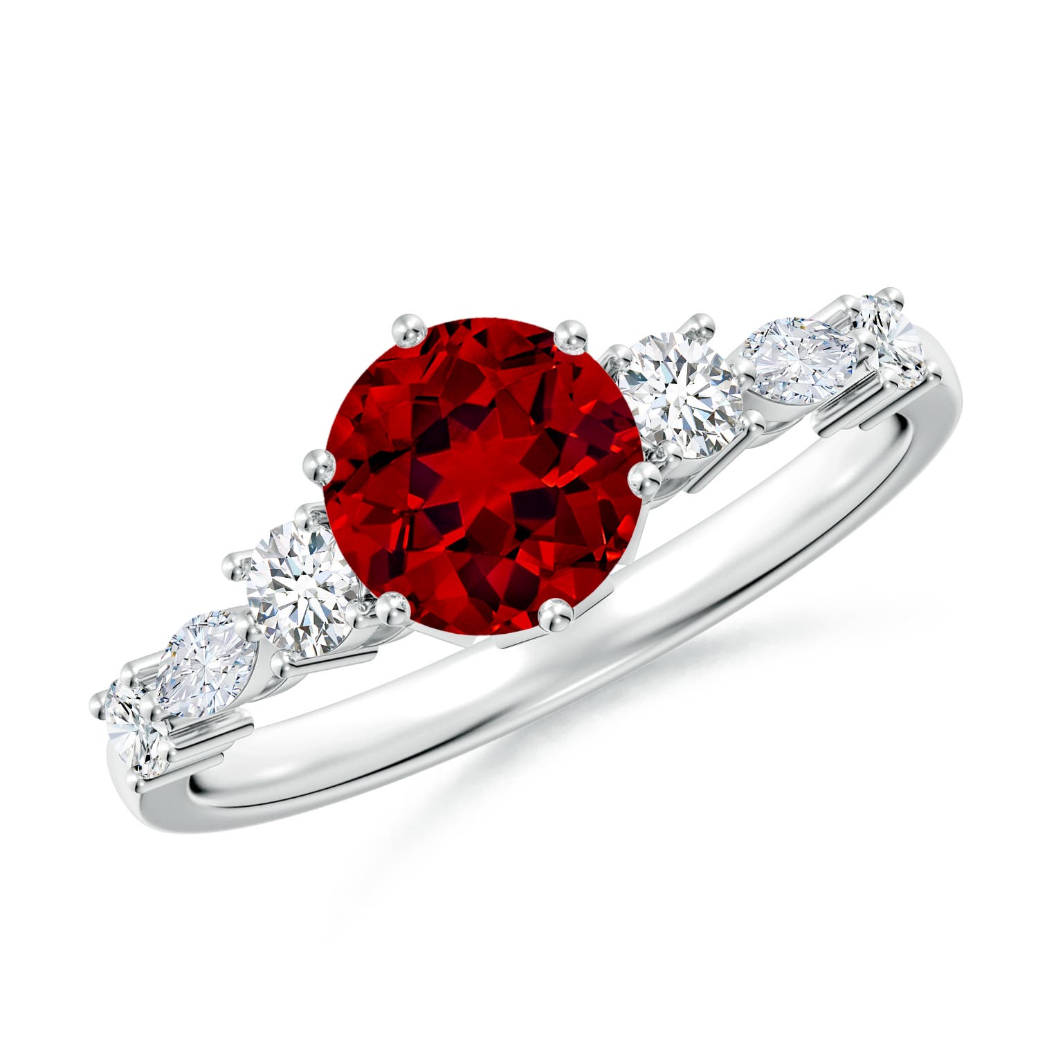 6.5mm Labgrown Lab-Grown Classic Round Ruby Side Stone Engagement Ring in White Gold