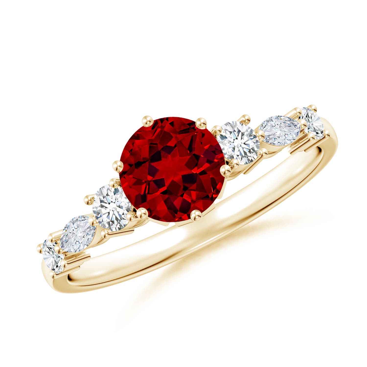 6mm Labgrown Lab-Grown Classic Round Ruby Side Stone Engagement Ring in 18K Yellow Gold