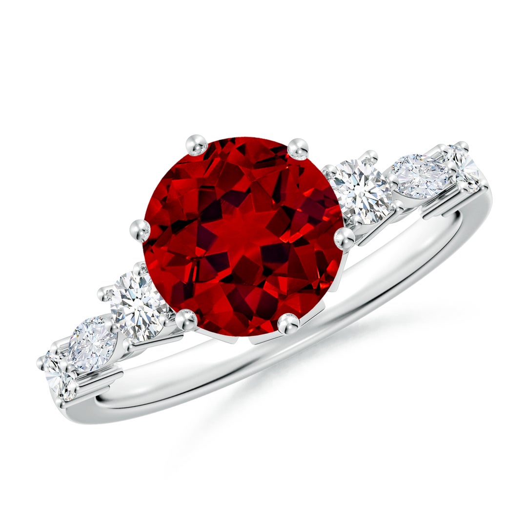 8mm Labgrown Lab-Grown Classic Round Ruby Side Stone Engagement Ring in 18K White Gold