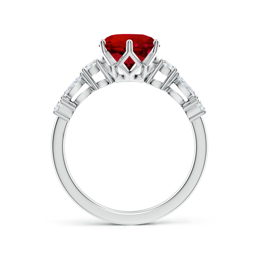 8mm Labgrown Lab-Grown Classic Round Ruby Side Stone Engagement Ring in 18K White Gold - side 3