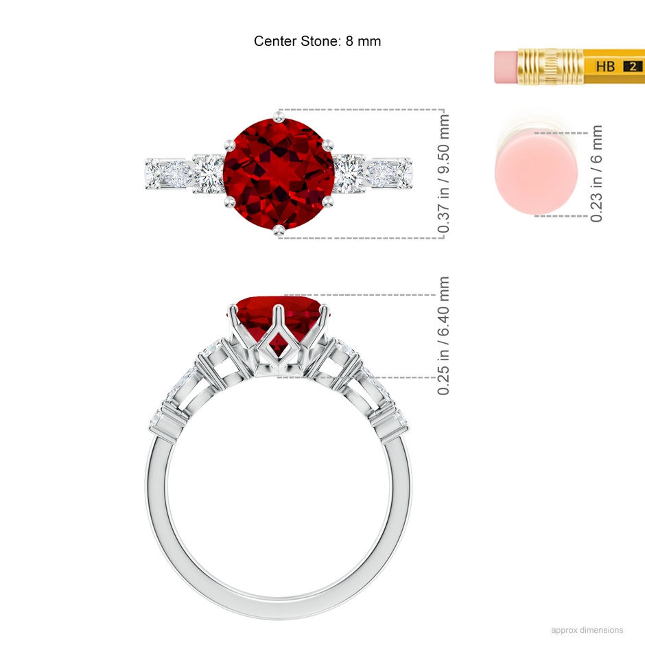 8mm Labgrown Lab-Grown Classic Round Ruby Side Stone Engagement Ring in 18K White Gold ruler