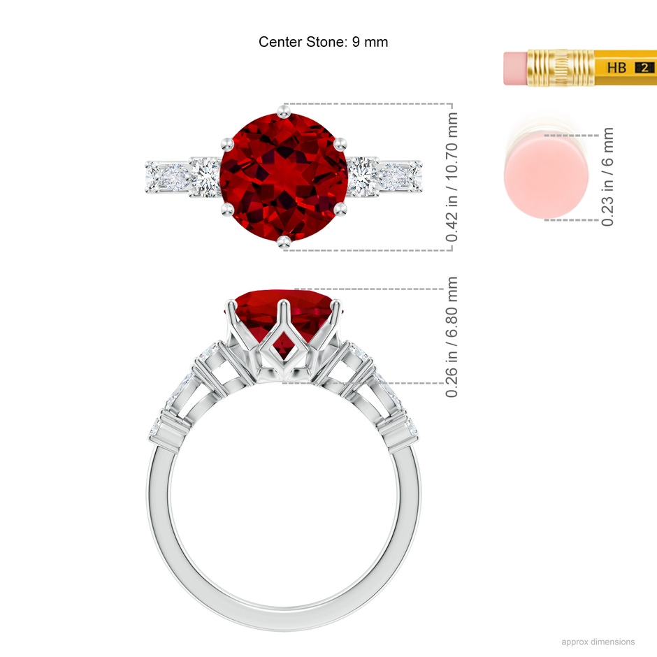 9mm Labgrown Lab-Grown Classic Round Ruby Side Stone Engagement Ring in 18K White Gold ruler