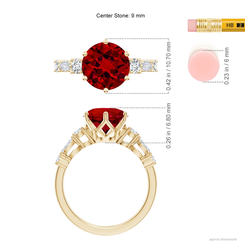9mm Labgrown Lab-Grown Classic Round Ruby Side Stone Engagement Ring in Yellow Gold ruler