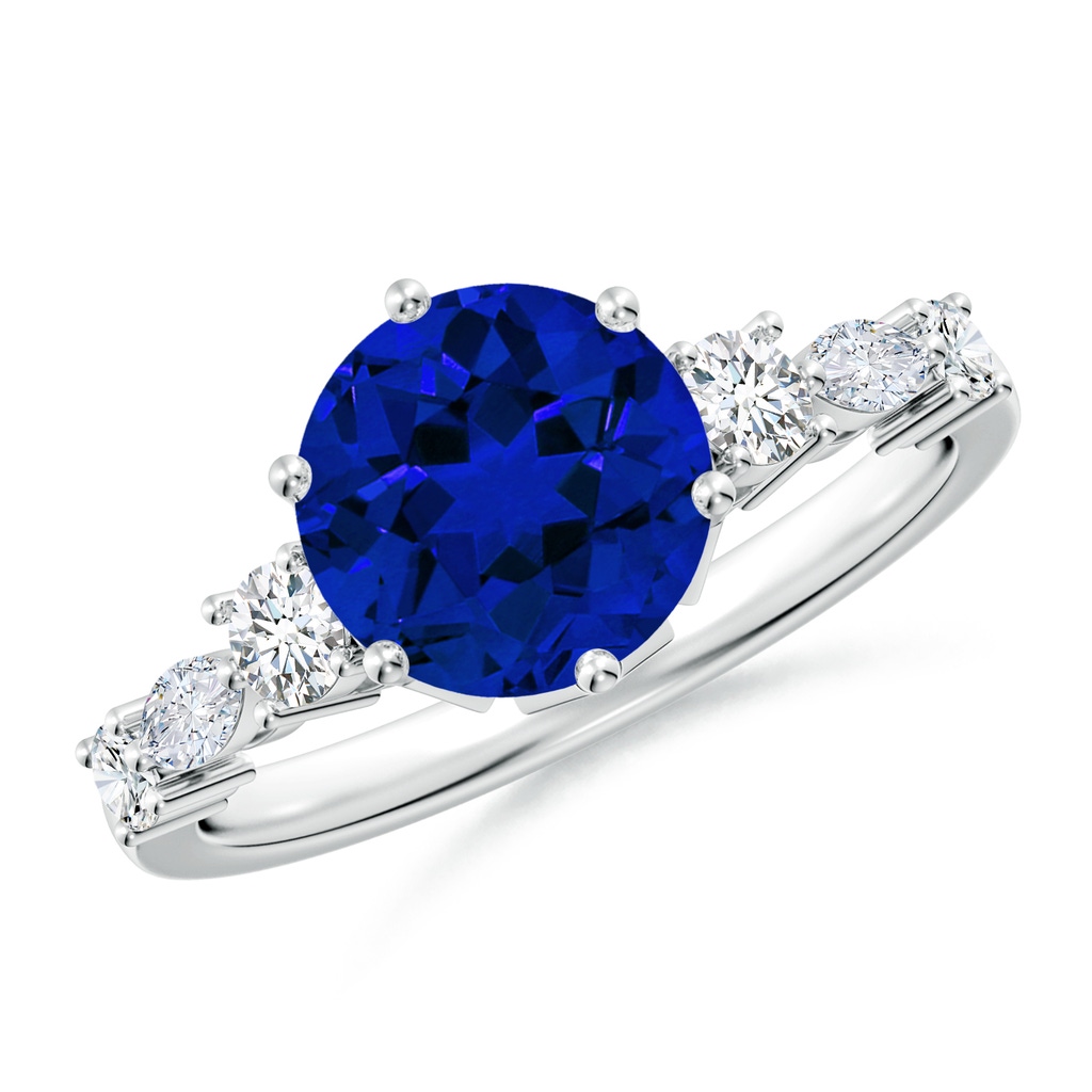 8mm Labgrown Lab-Grown Classic Blue Sapphire Diamond Side Stone Engagement Ring in White Gold