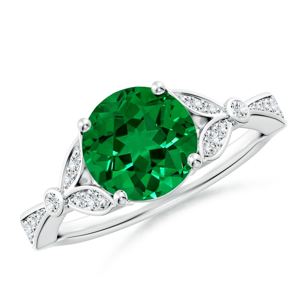 8mm Labgrown Lab-Grown Nature-Inspired Round Emerald Engagement Ring with Leaf Motifs in White Gold