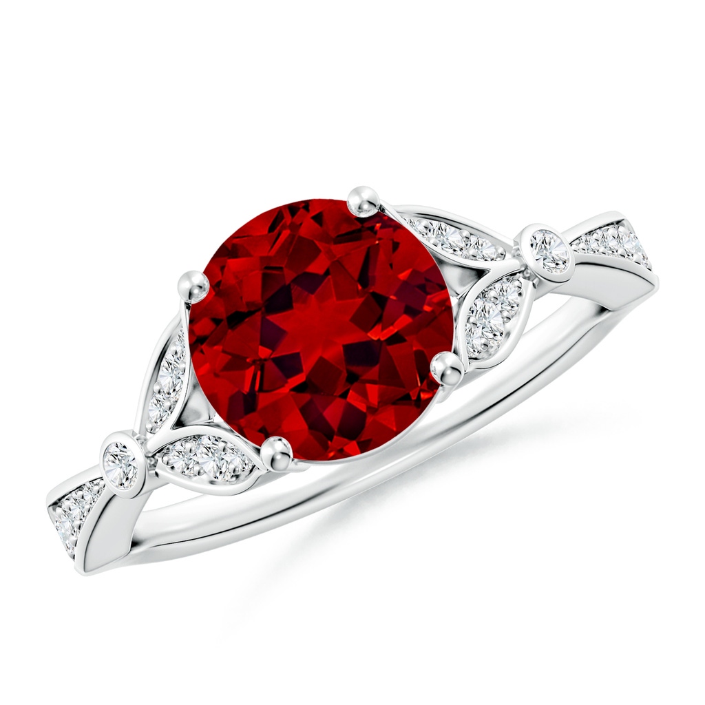 8mm Labgrown Lab-Grown Nature-Inspired Round Ruby Engagement Ring with Leaf Motifs in White Gold