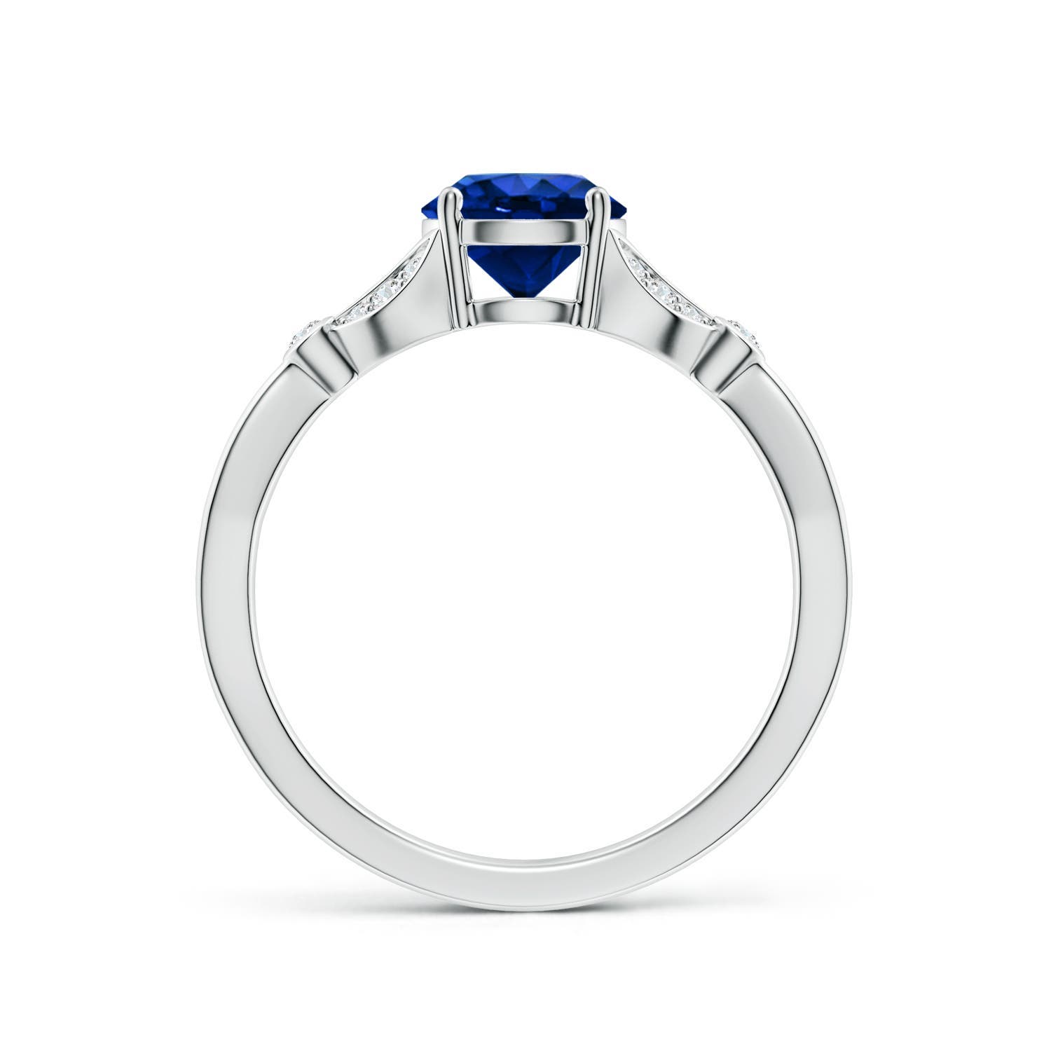6.5mm Labgrown Lab-Grown Nature-Inspired Round Blue Sapphire Engagement Ring with Leaf Motifs in 18K White Gold