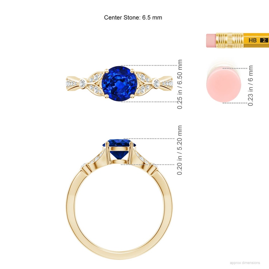 6.5mm Labgrown Lab-Grown Nature-Inspired Round Blue Sapphire Engagement Ring with Leaf Motifs in Yellow Gold ruler