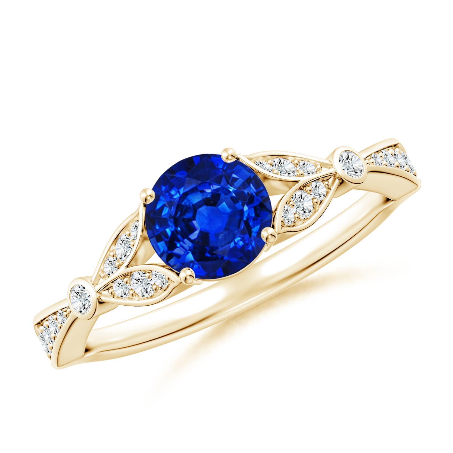 6mm Labgrown Lab-Grown Nature-Inspired Round Blue Sapphire Engagement Ring with Leaf Motifs in 18K Yellow Gold