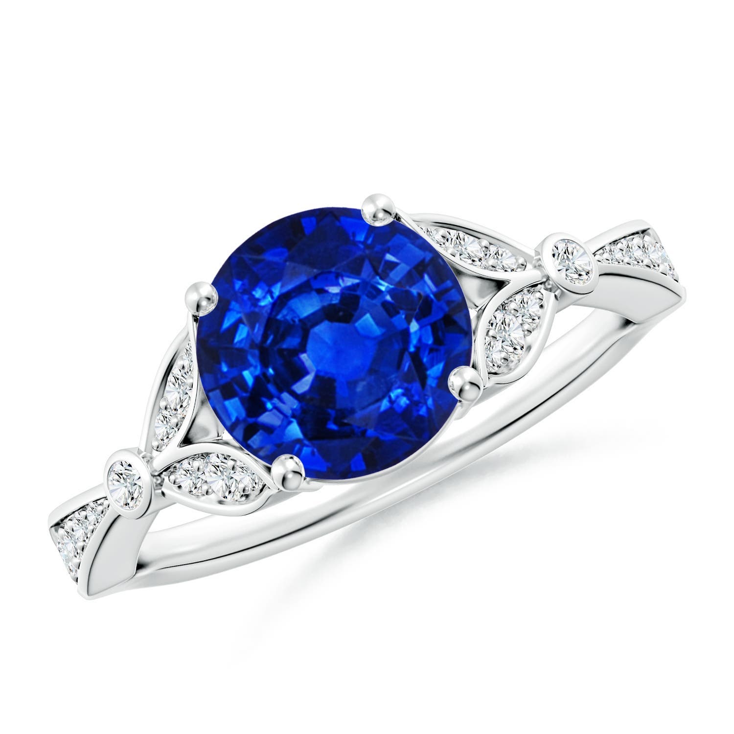 8mm Labgrown Lab-Grown Nature-Inspired Round Blue Sapphire Engagement Ring with Leaf Motifs in 18K White Gold