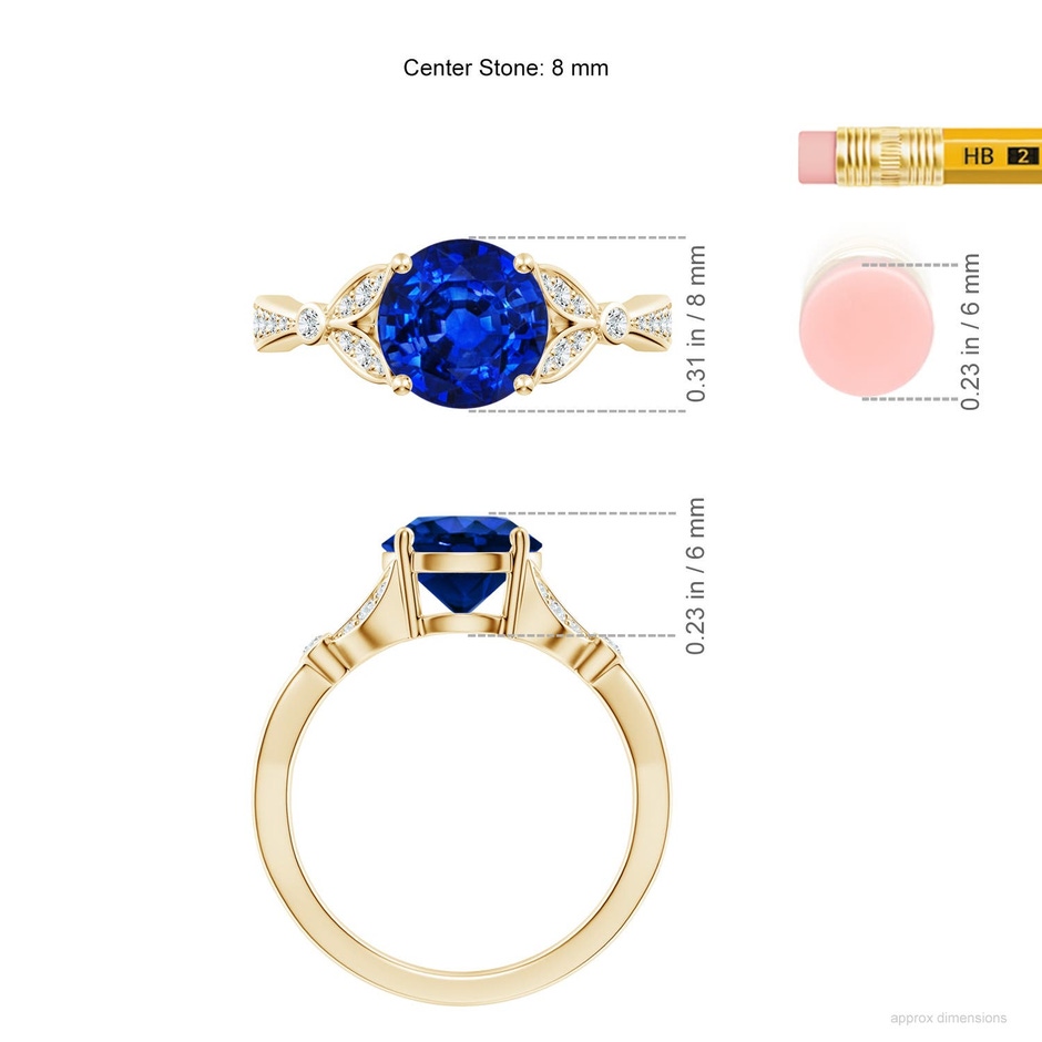 8mm Labgrown Lab-Grown Nature-Inspired Round Blue Sapphire Engagement Ring with Leaf Motifs in 18K Yellow Gold ruler