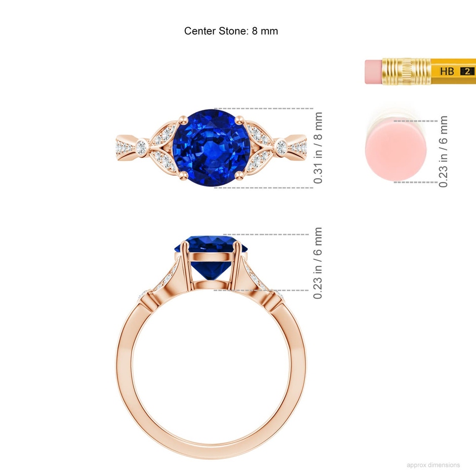 8mm Labgrown Lab-Grown Nature-Inspired Round Blue Sapphire Engagement Ring with Leaf Motifs in Rose Gold ruler