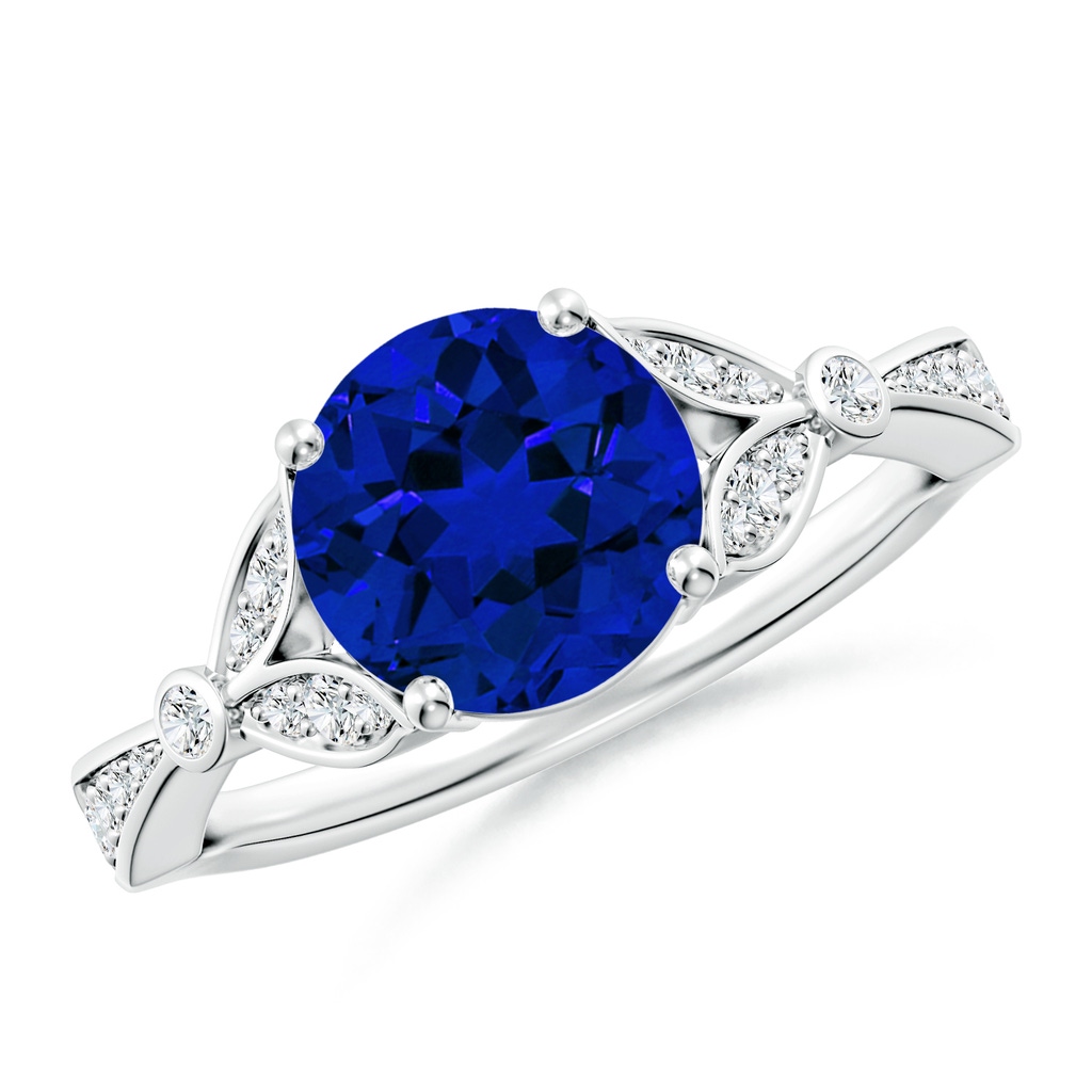 8mm Labgrown Lab-Grown Nature-Inspired Round Blue Sapphire Engagement Ring with Leaf Motifs in White Gold