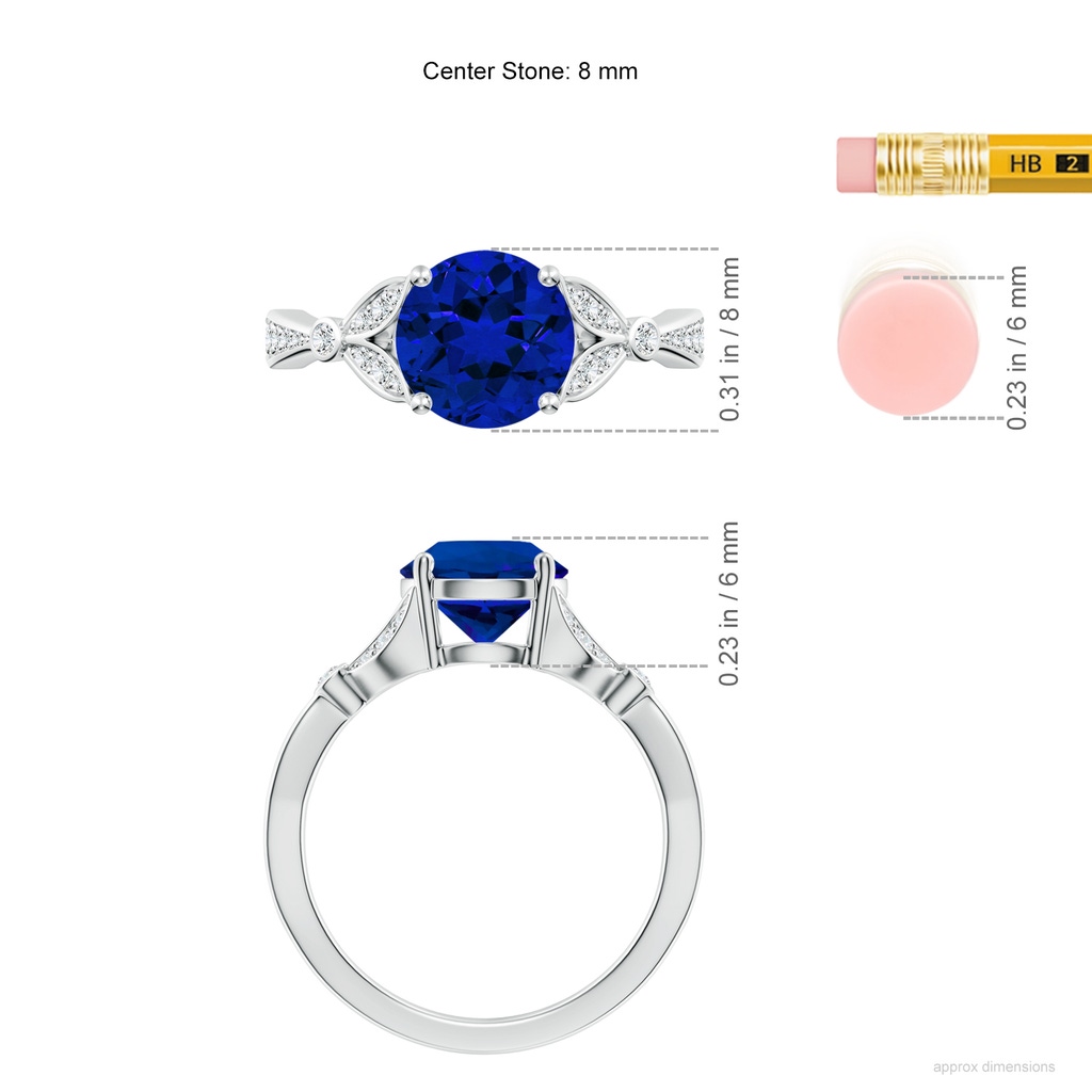 8mm Labgrown Lab-Grown Nature-Inspired Round Blue Sapphire Engagement Ring with Leaf Motifs in White Gold ruler