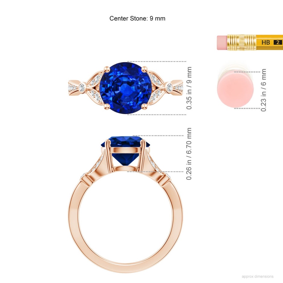 9mm Labgrown Lab-Grown Nature-Inspired Round Blue Sapphire Engagement Ring with Leaf Motifs in Rose Gold ruler