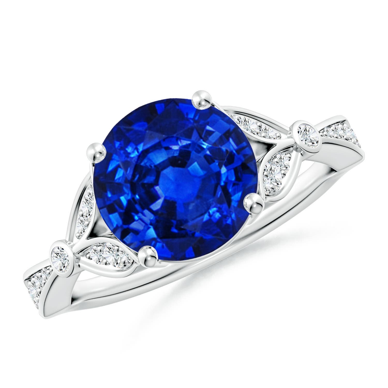 9mm Labgrown Lab-Grown Nature-Inspired Round Blue Sapphire Engagement Ring with Leaf Motifs in White Gold