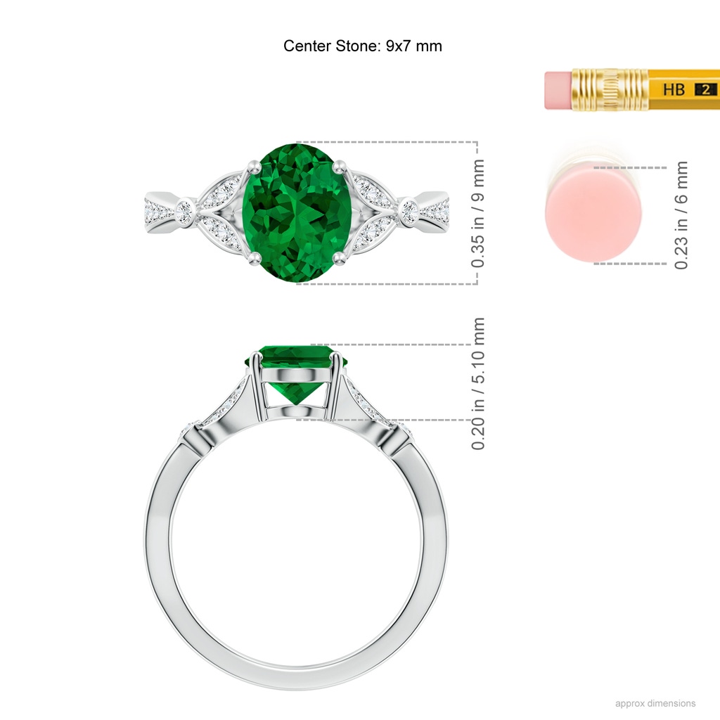 9x7mm Labgrown Lab-Grown Nature-Inspired Oval Emerald Engagement Ring with Leaf Motifs in White Gold ruler