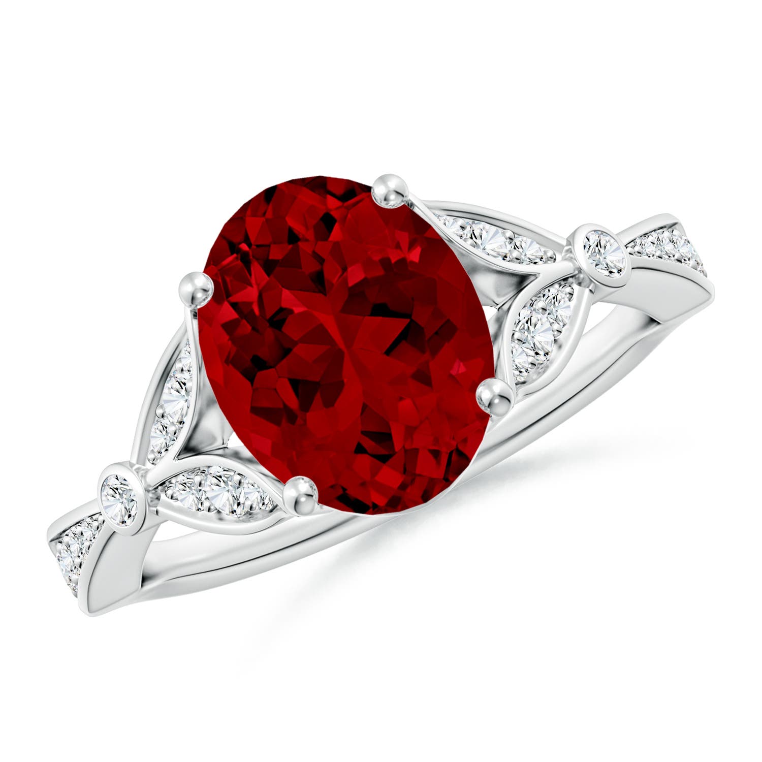 10x8mm Labgrown Lab-Grown Nature-Inspired Oval Ruby Engagement Ring with Leaf Motifs in 18CT White Gold