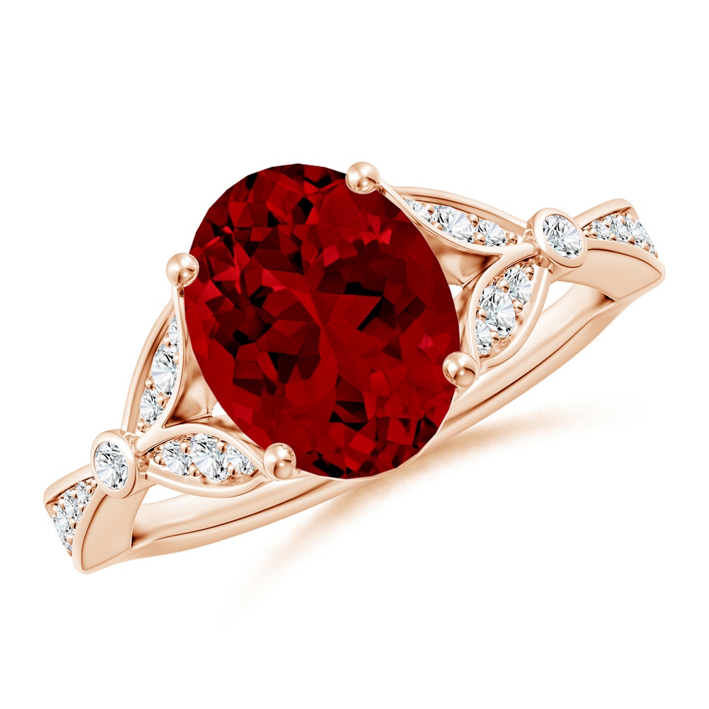 10x8mm Labgrown Lab-Grown Nature-Inspired Oval Ruby Engagement Ring with Leaf Motifs in Rose Gold