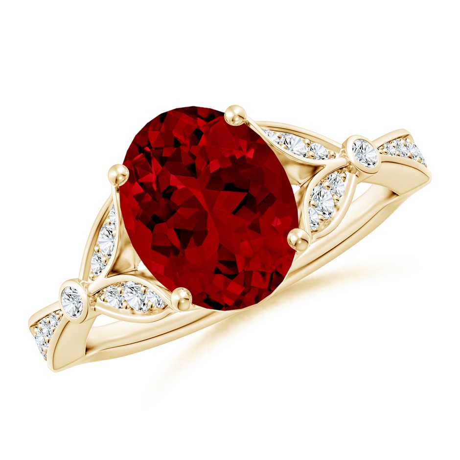 10x8mm Labgrown Lab-Grown Nature-Inspired Oval Ruby Engagement Ring with Leaf Motifs in Yellow Gold 