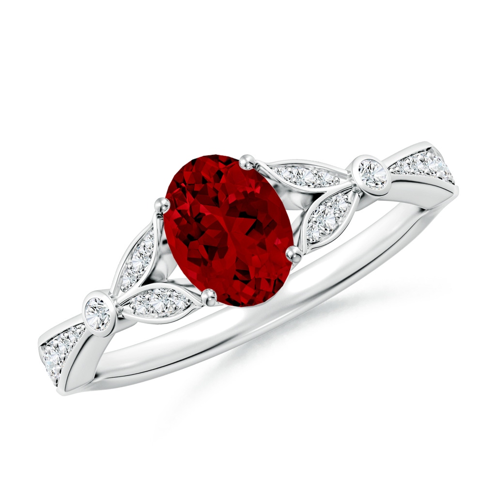 7x5mm Labgrown Lab-Grown Nature-Inspired Oval Ruby Engagement Ring with Leaf Motifs in 18K White Gold