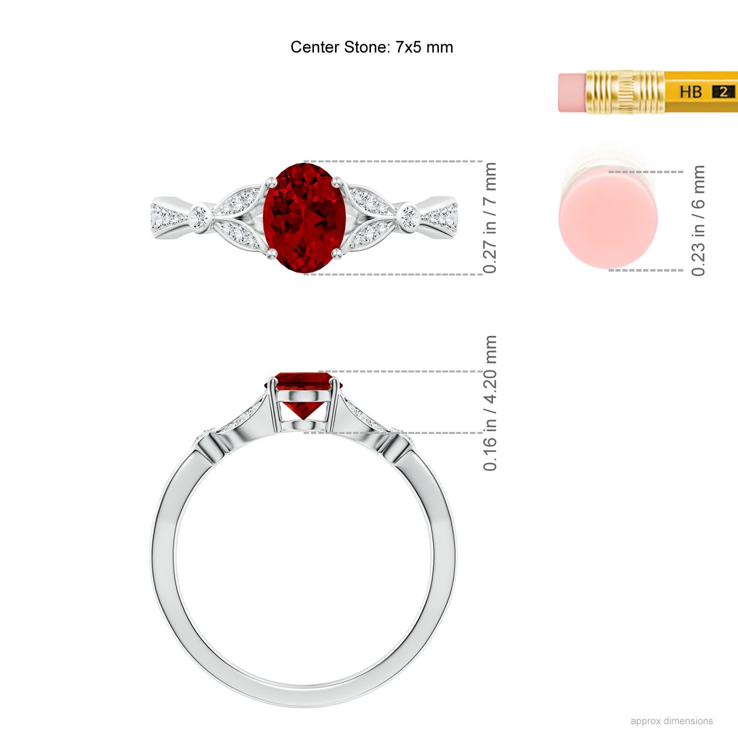 7x5mm Labgrown Lab-Grown Nature-Inspired Oval Ruby Engagement Ring with Leaf Motifs in 18CT White Gold - ruler