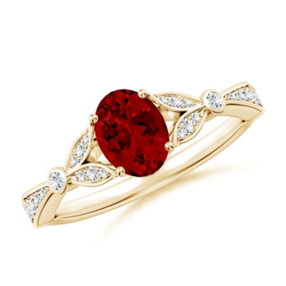 7x5mm Labgrown Lab-Grown Nature-Inspired Oval Ruby Engagement Ring with Leaf Motifs in 18K Yellow Gold