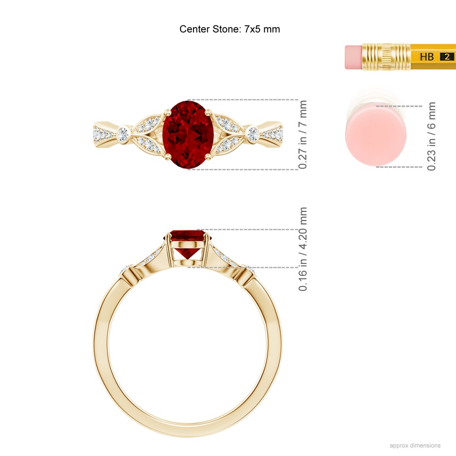 7x5mm Labgrown Lab-Grown Nature-Inspired Oval Ruby Engagement Ring with Leaf Motifs in 18K Yellow Gold ruler