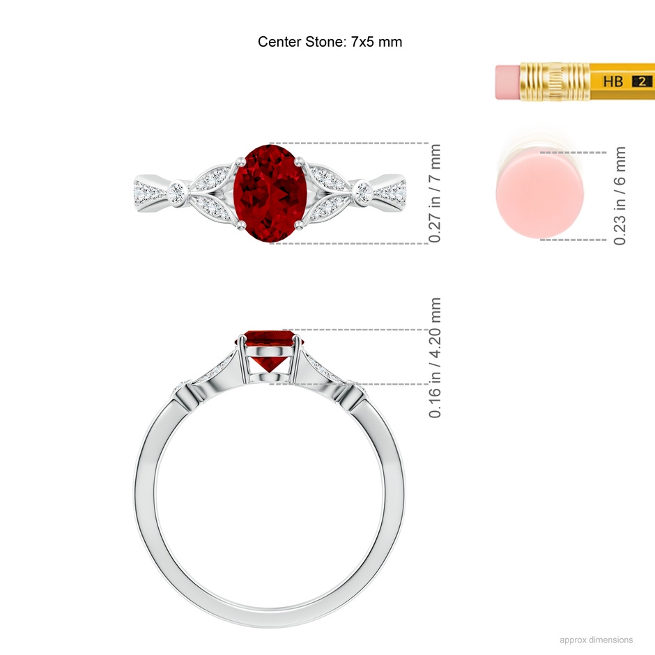 7x5mm Labgrown Lab-Grown Nature-Inspired Oval Ruby Engagement Ring with Leaf Motifs in White Gold ruler