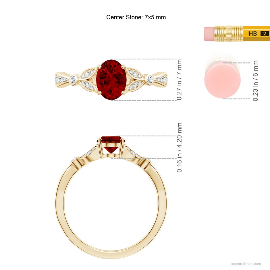 7x5mm Labgrown Lab-Grown Nature-Inspired Oval Ruby Engagement Ring with Leaf Motifs in Yellow Gold ruler