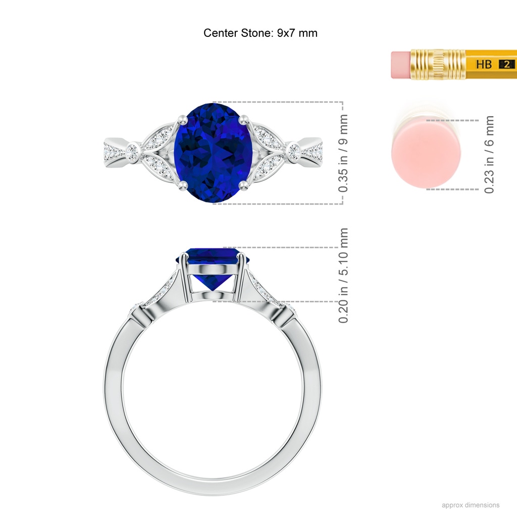9x7mm Labgrown Lab-Grown Nature-Inspired Oval Blue Sapphire Engagement Ring with Leaf Motifs in White Gold ruler