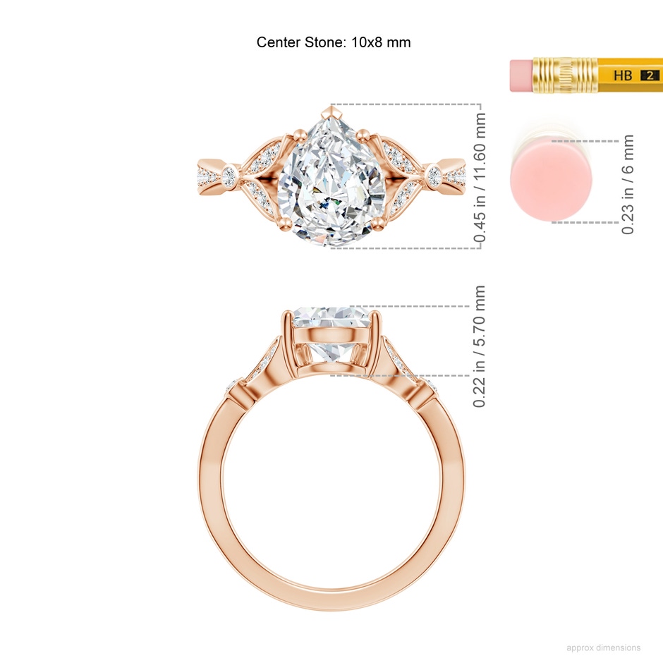10x8mm FGVS Lab-Grown Nature-Inspired Pear Diamond Engagement Ring with Leaf Motifs in Rose Gold ruler