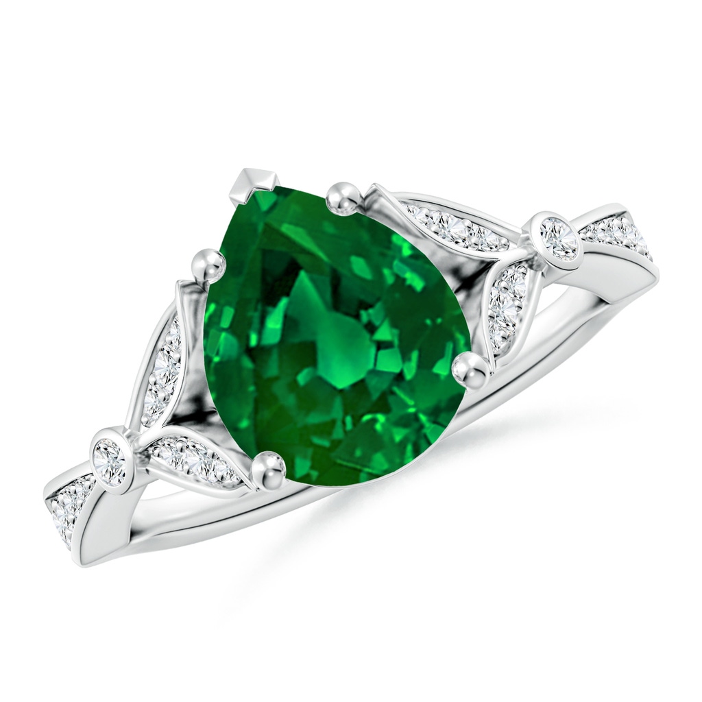 10x8mm Labgrown Lab-Grown Nature-Inspired Pear Emerald Engagement Ring with Leaf Motifs in P950 Platinum