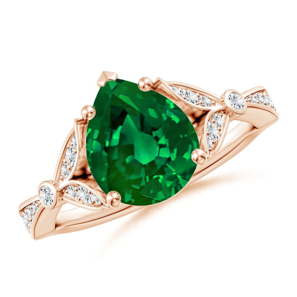 10x8mm Labgrown Lab-Grown Nature-Inspired Pear Emerald Engagement Ring with Leaf Motifs in Rose Gold