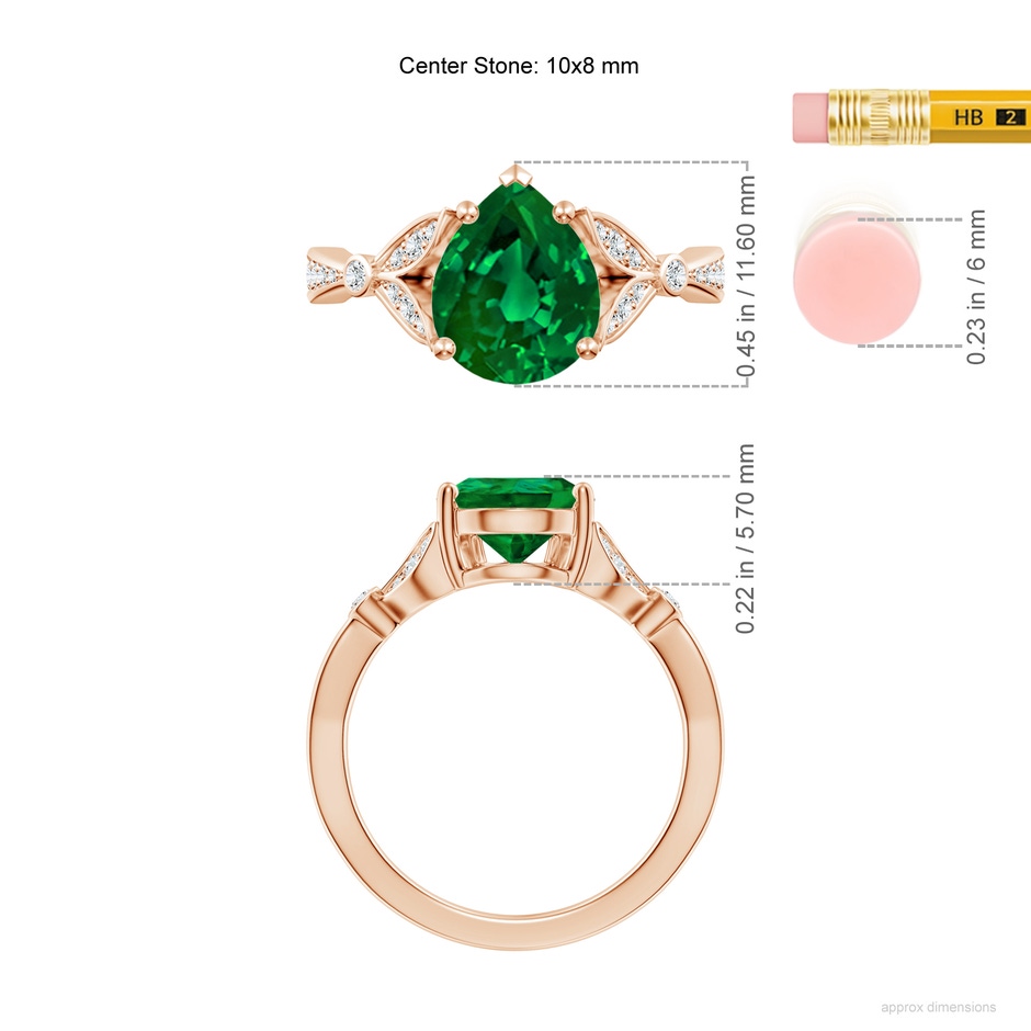 10x8mm Labgrown Lab-Grown Nature-Inspired Pear Emerald Engagement Ring with Leaf Motifs in Rose Gold ruler